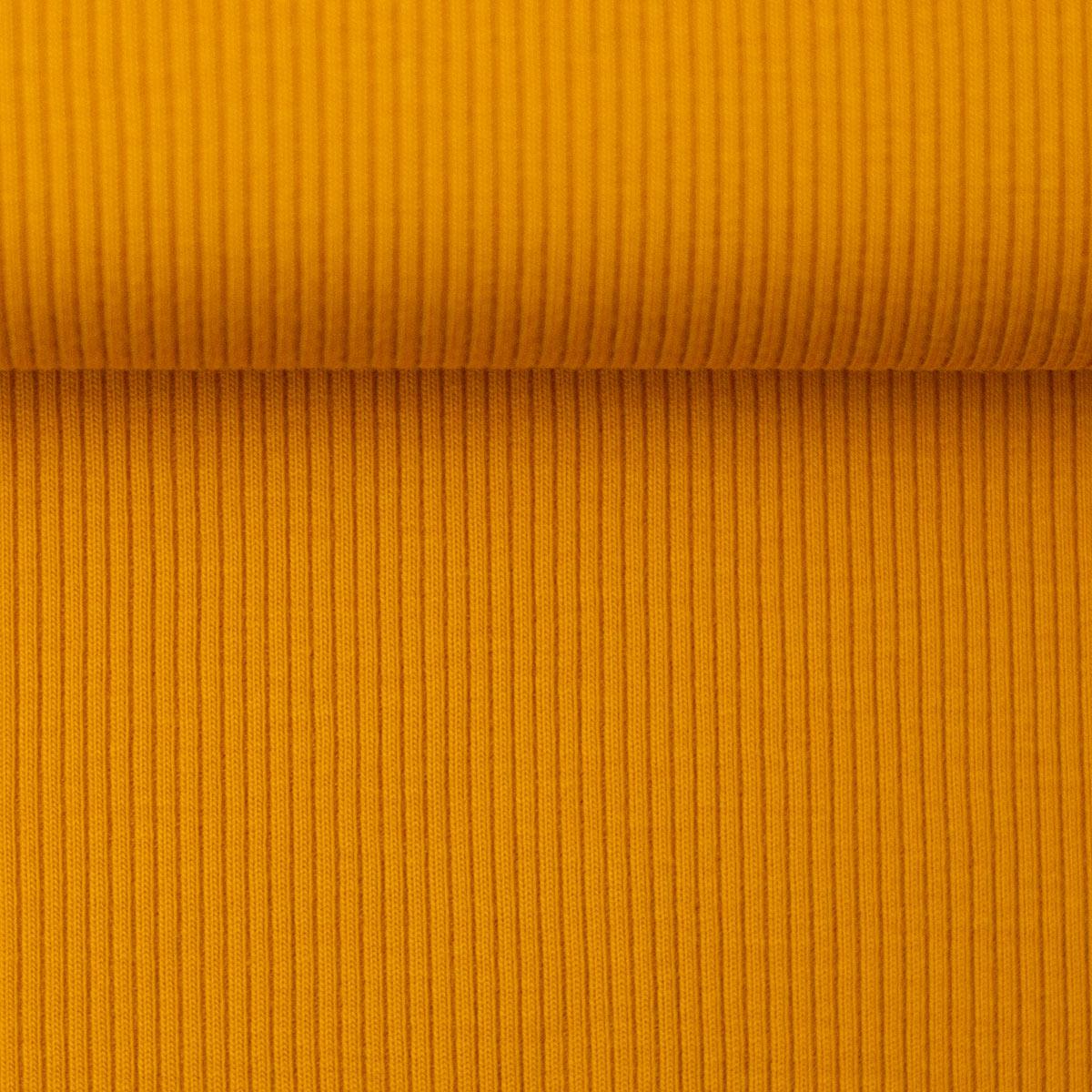 Tissu jersey coton maille fine côtelé - Jaune moutarde