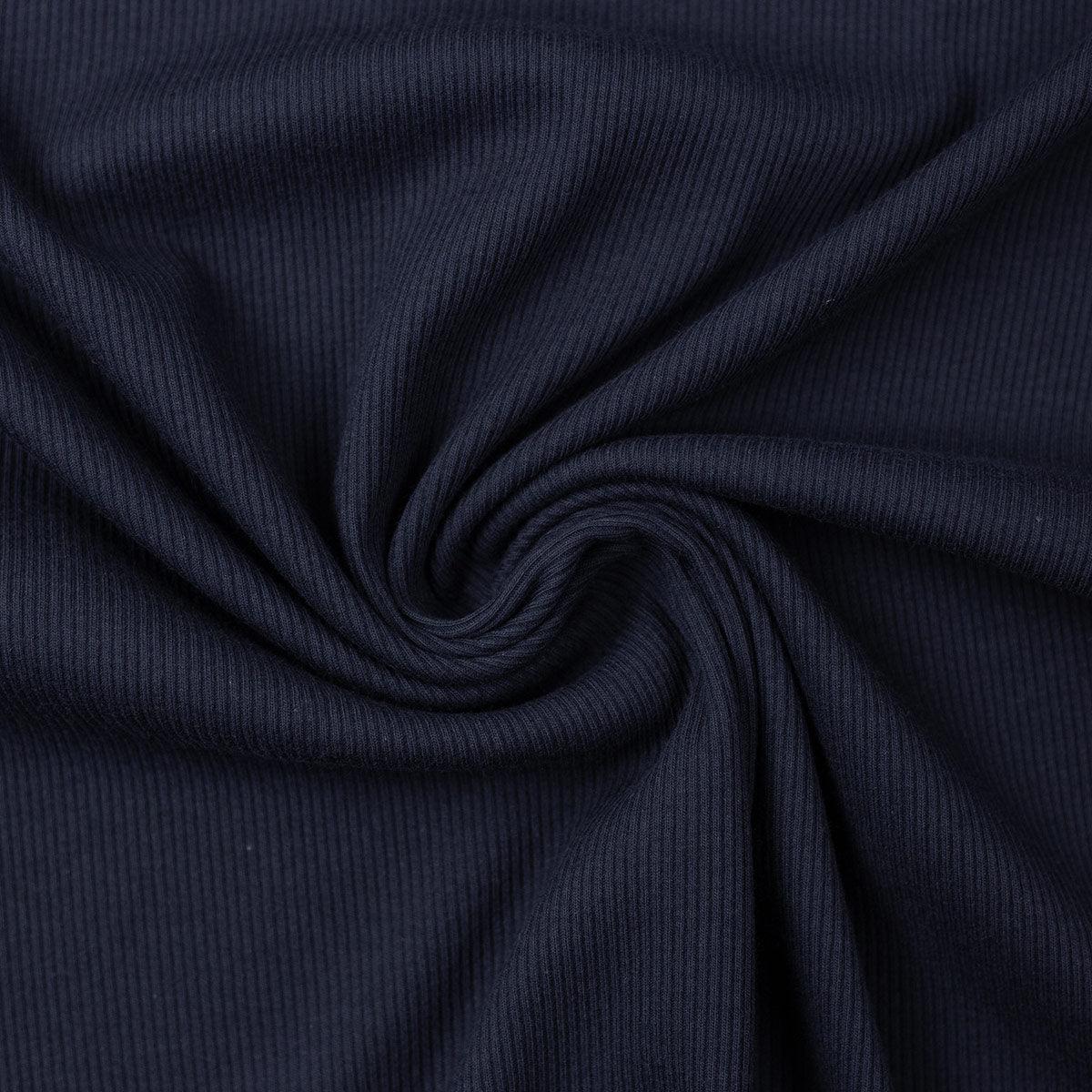 Tissu jersey coton maille fine côtelé - Bleu marine