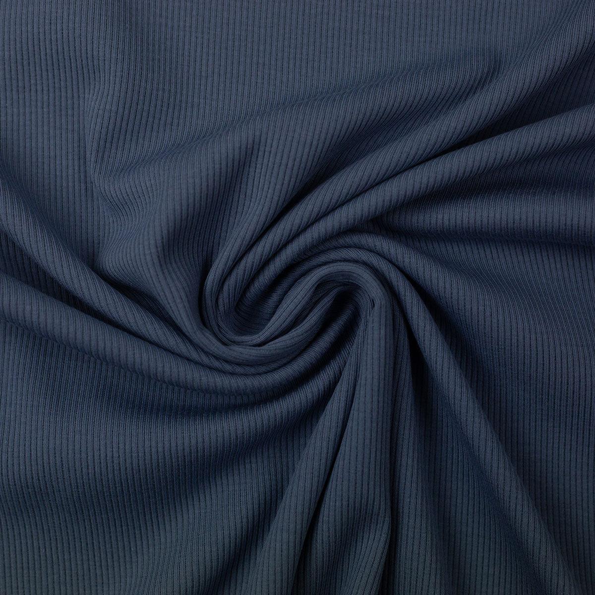 Tissu jersey coton maille fine côtelé - Bleu denim