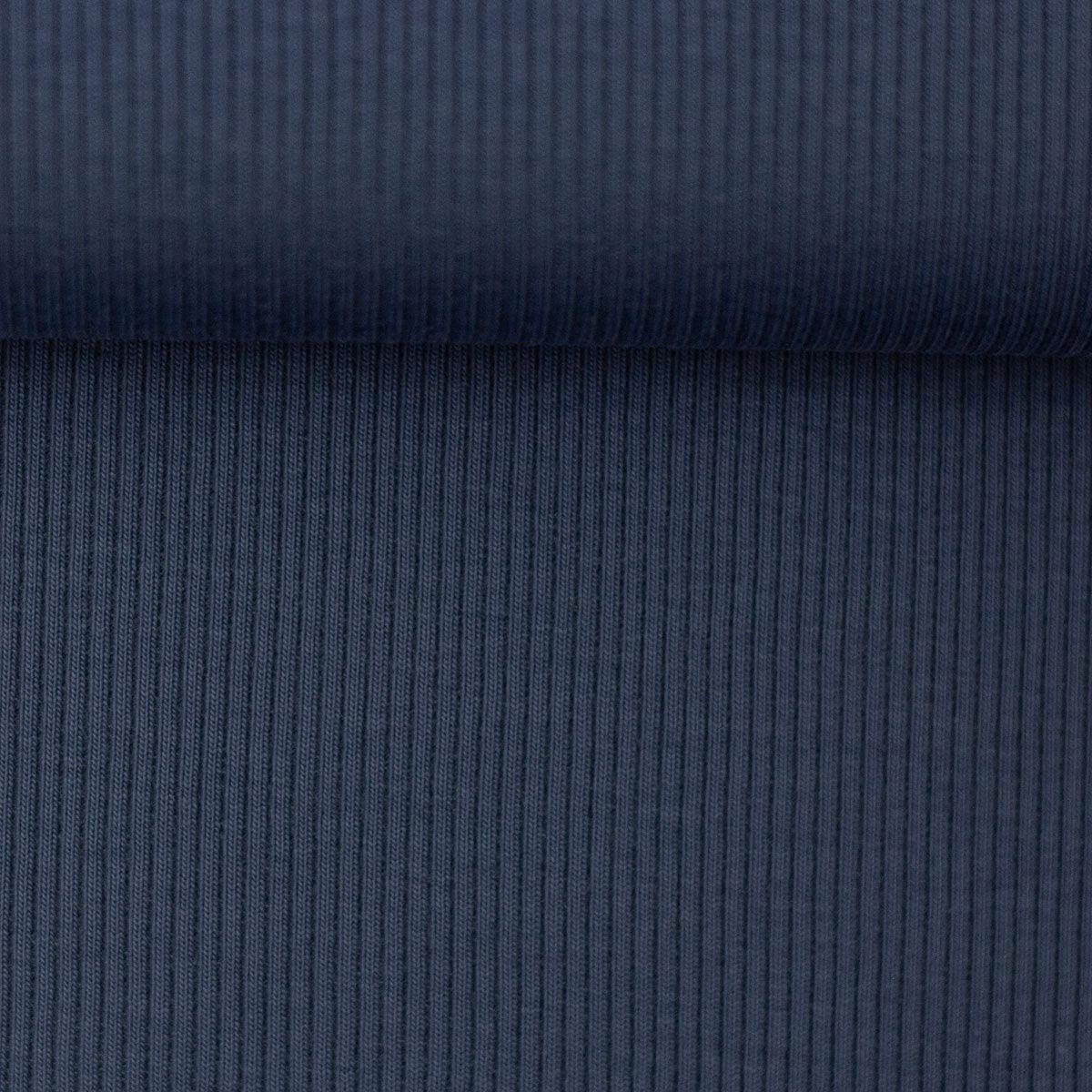 Tissu jersey coton maille fine côtelé - Bleu denim