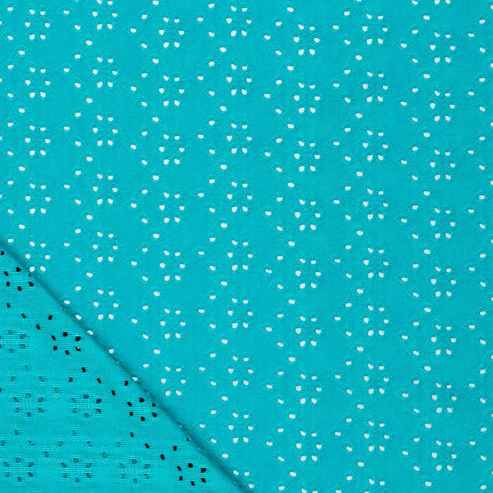 Tissu broderie anglaise extensible - Bleu turquoise