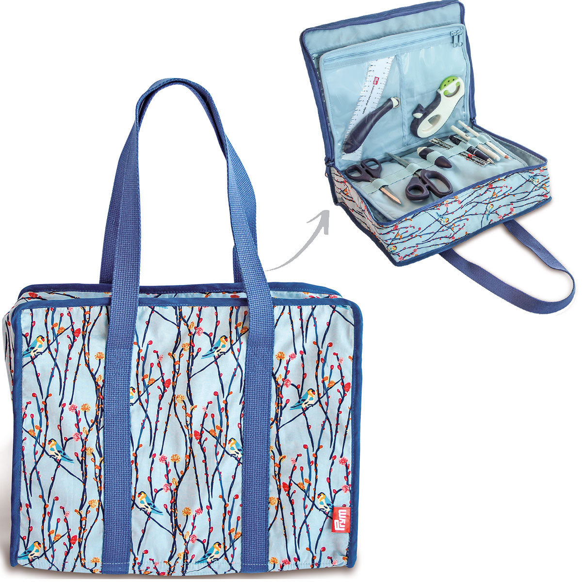 Multi-pocket bag all in a blue birds