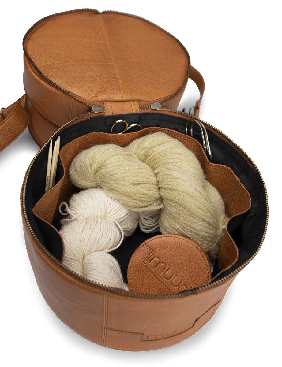 Leather storage bag for Muud Bturn knitting - whiskey