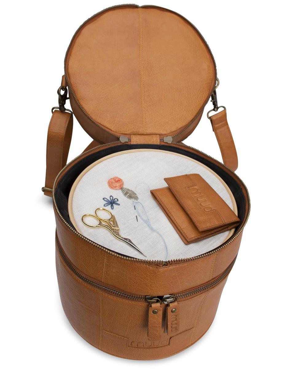 Leather storage bag for Muud Bturn knitting - whiskey