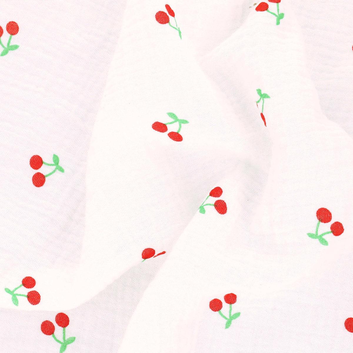 Cotton gauze double gauze fabric - cherries white background