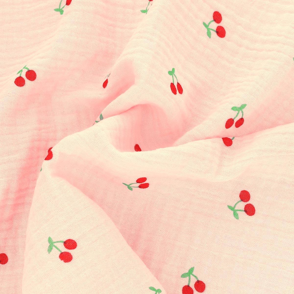 Cotton gauze double fabric - cherries pink background