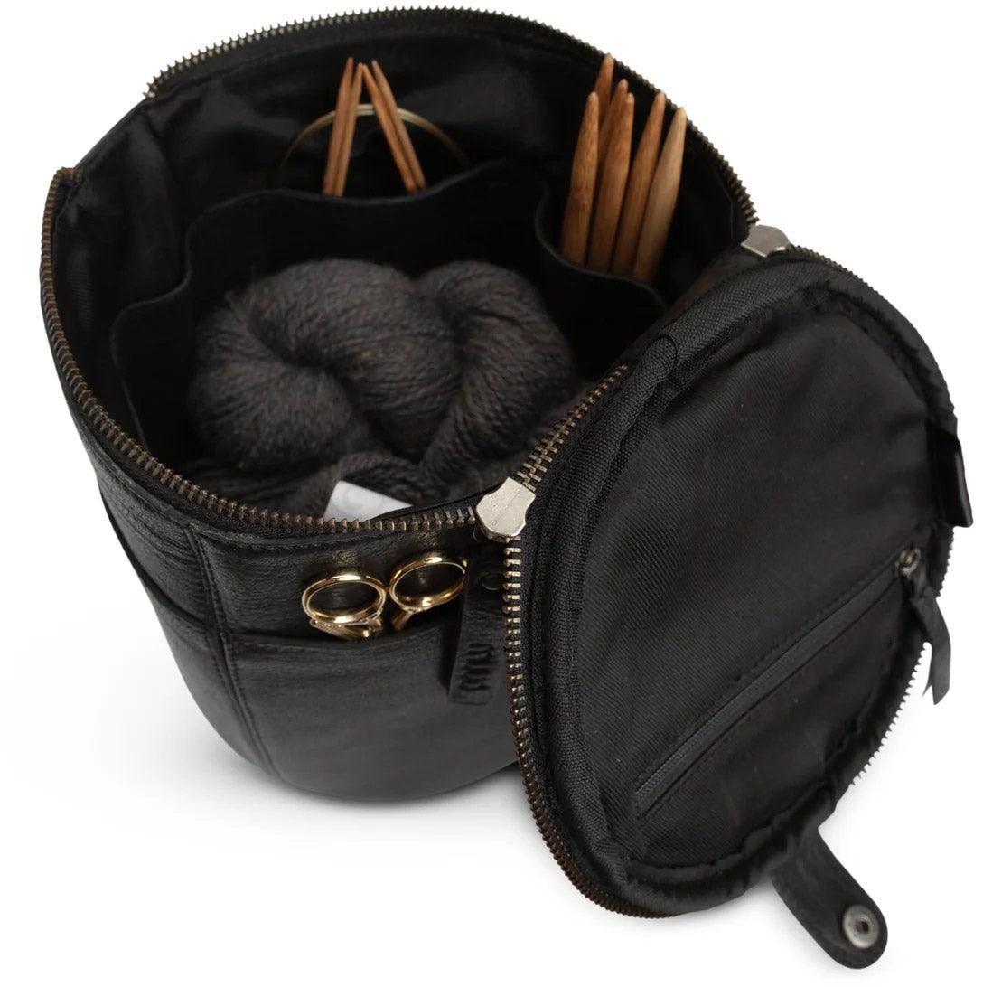 Leather storage bag for Muud Saturn knitting - Black