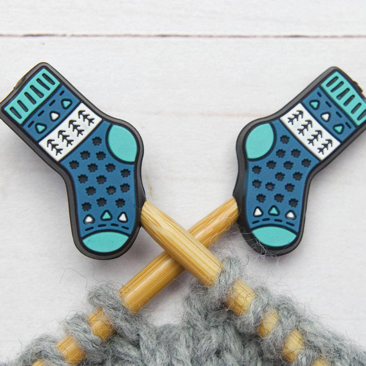 Candling stops for knitting needles - blue socks