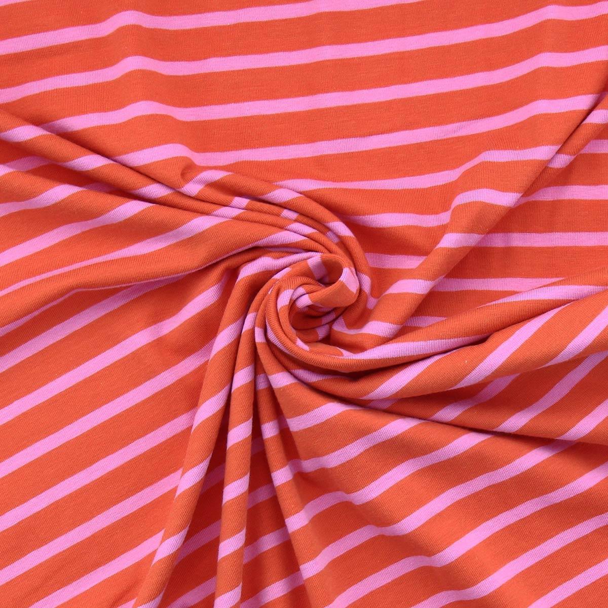 Tissu jersey rayé breton - Tangerine et bonbon