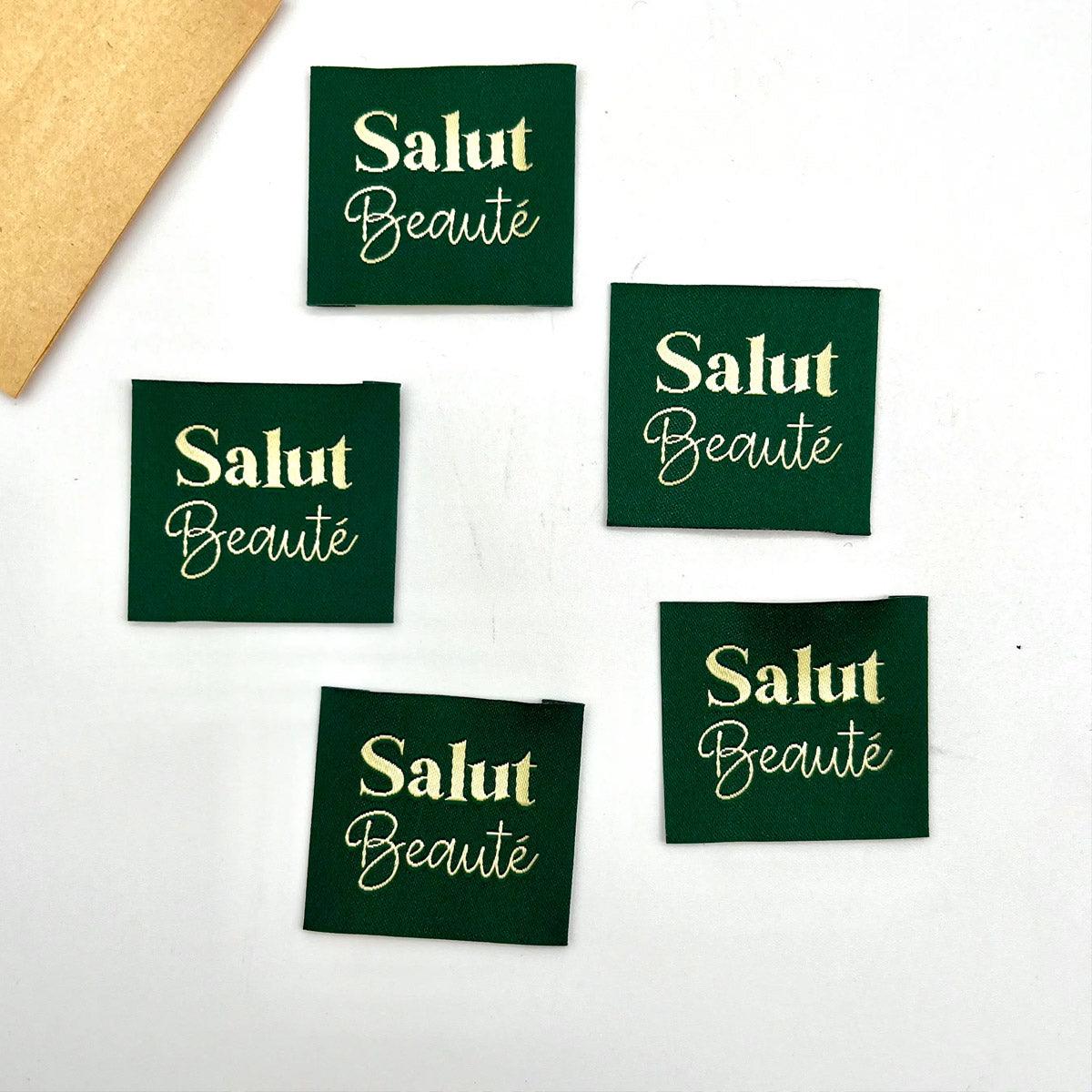 Set of 5 labels woven to sewing Hi Beauty - Kaki