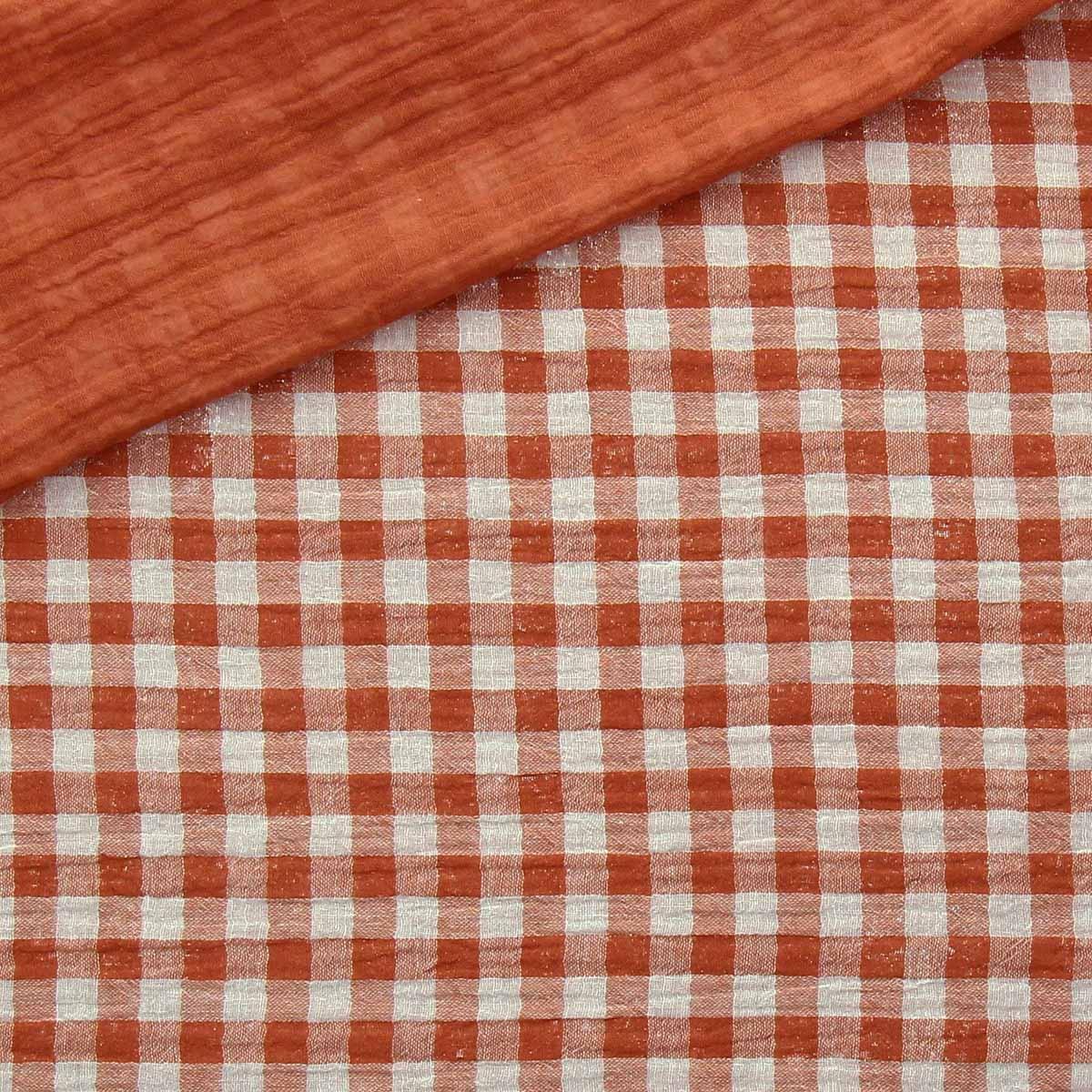 Tissu double gaze gaufrée vichy - Cognac et blanc cassé