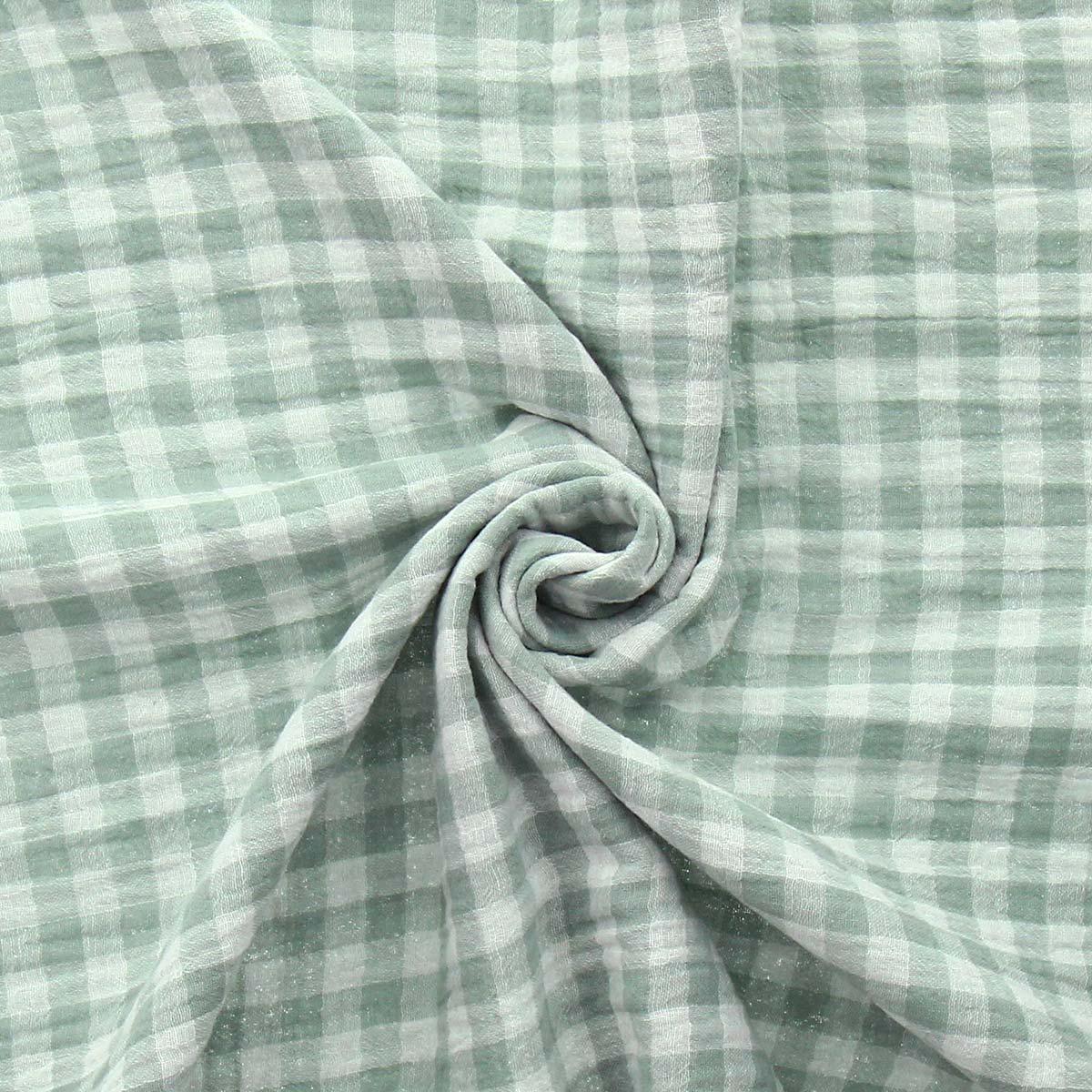 Tissu double gaze gaufrée vichy - Vert de gris et blanc cassé