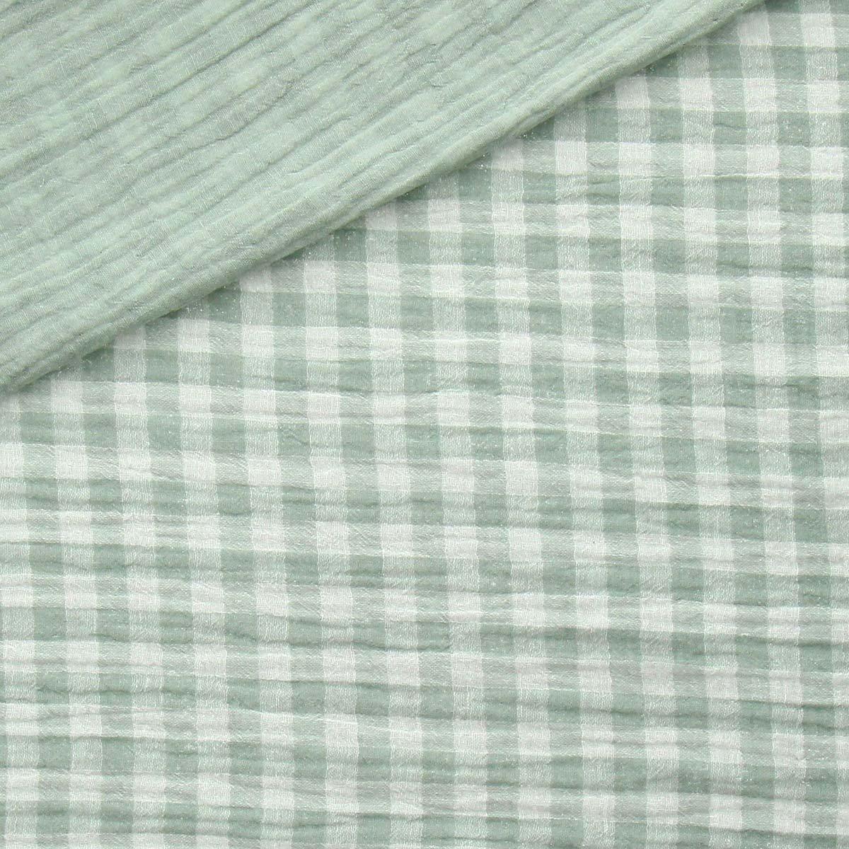 Tissu double gaze gaufrée vichy - Vert de gris et blanc cassé