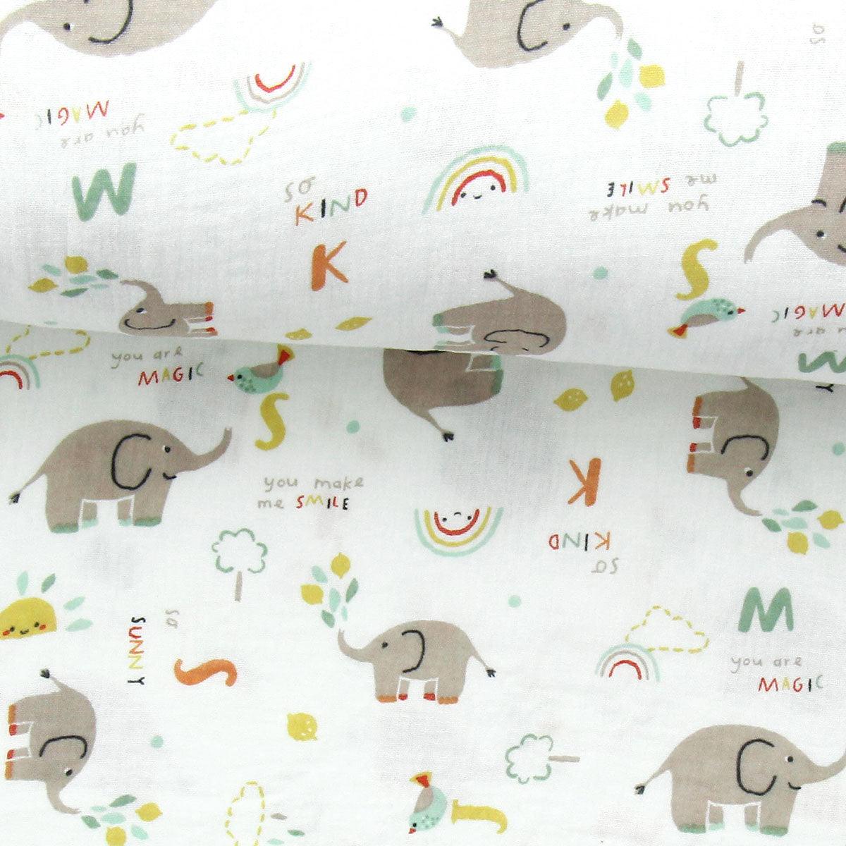 Fantasy double gauze fabric - White and yellow elephant