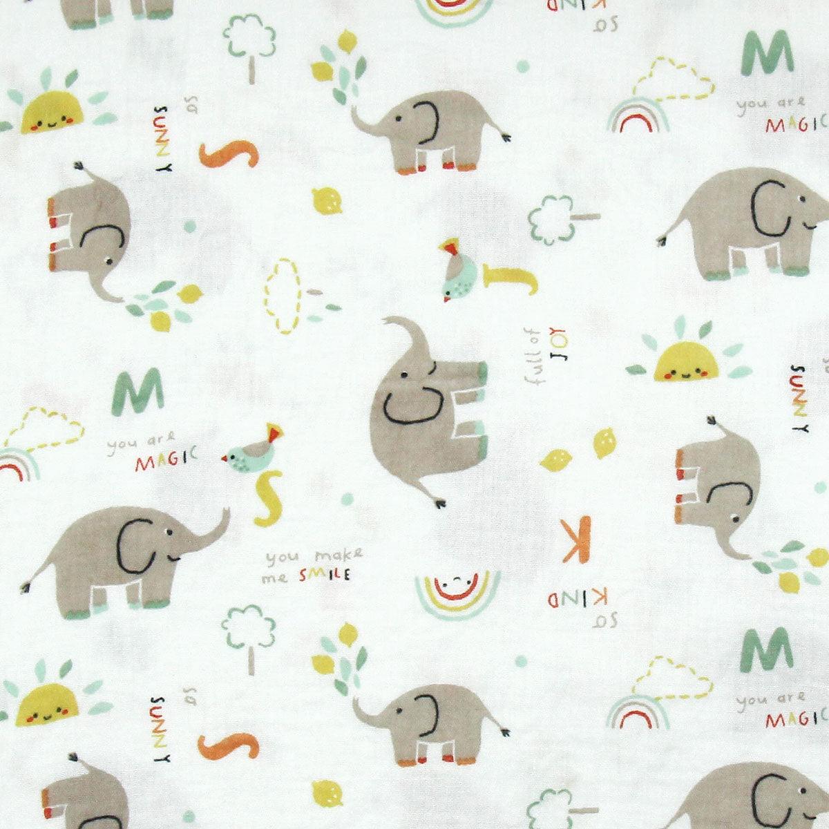 Tissu double gaze fantaisie - Éléphant blanc et jaune