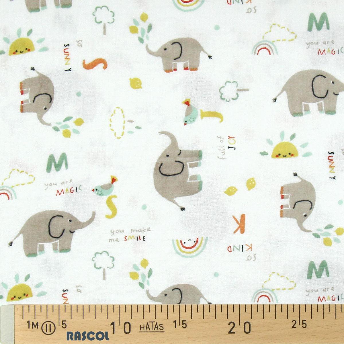 Fantasy double gauze fabric - White and yellow elephant