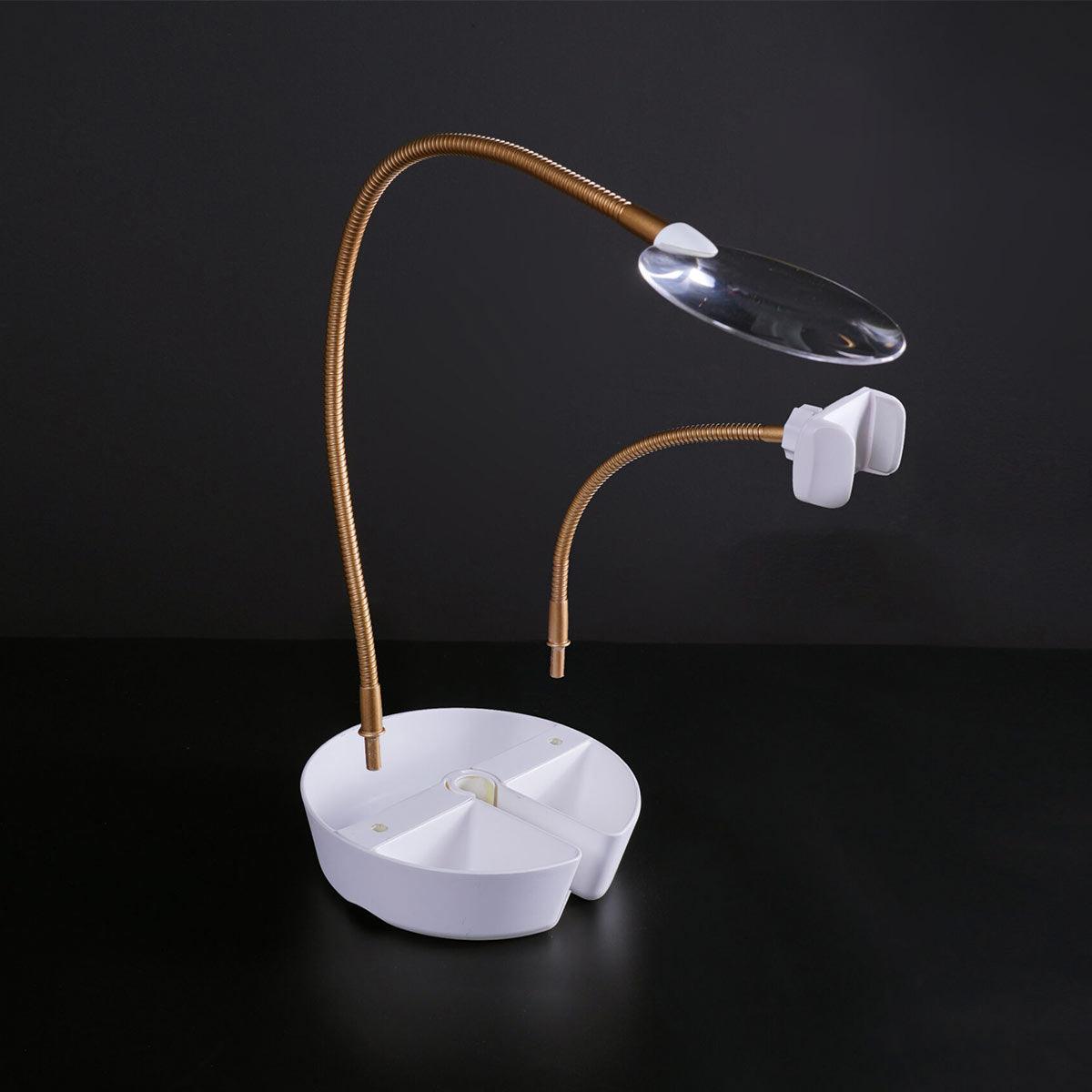 Surgery lamp with magnifying magnifying glass, tray and phone pliers