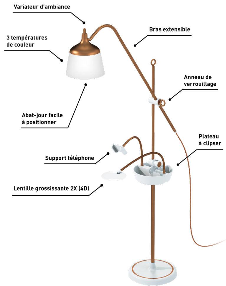 Lampe sur pied avec loupe, plateau et pince téléphone Daylight Anita