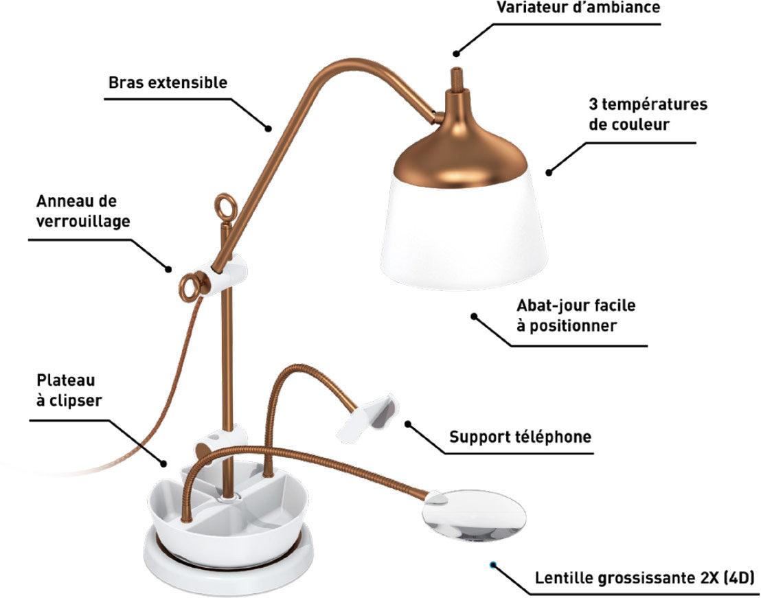 Table lamp with magnifying magnifying glass, tray and phone pliers