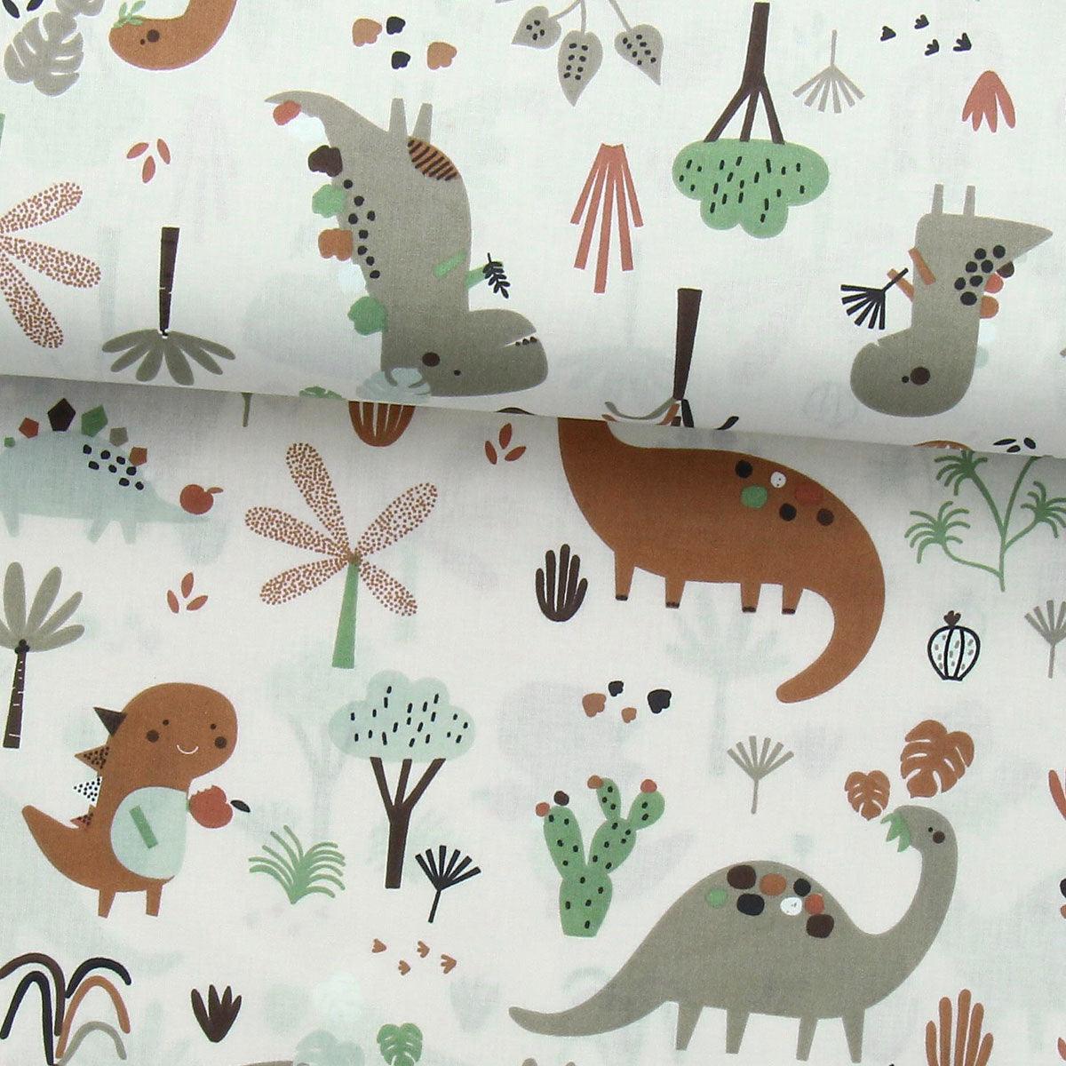 Cotton poplin fabric - Brown dinosaur