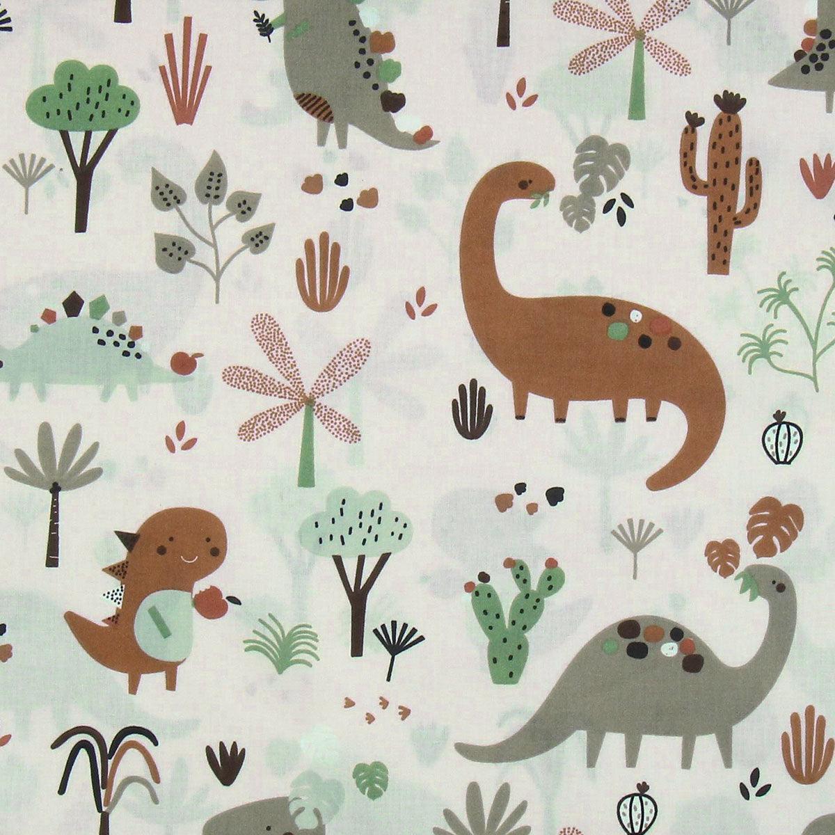 Cotton poplin fabric - Brown dinosaur