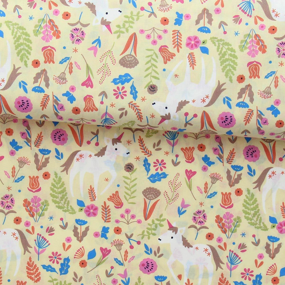 Cotton poplin fabric - yellow unicorn