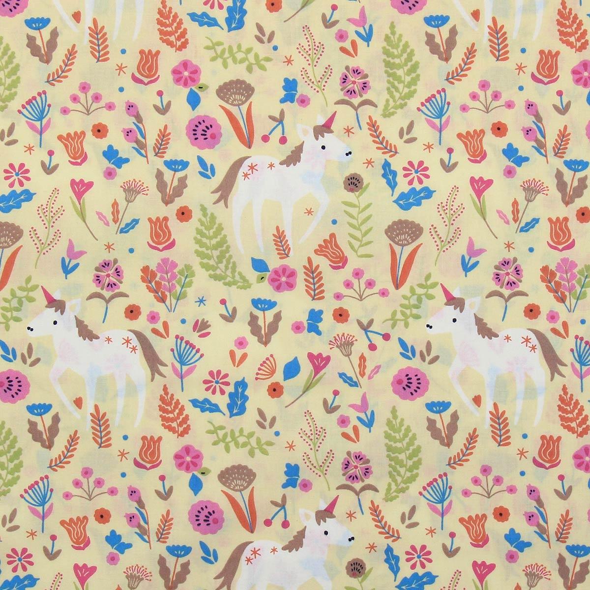 Cotton poplin fabric - yellow unicorn