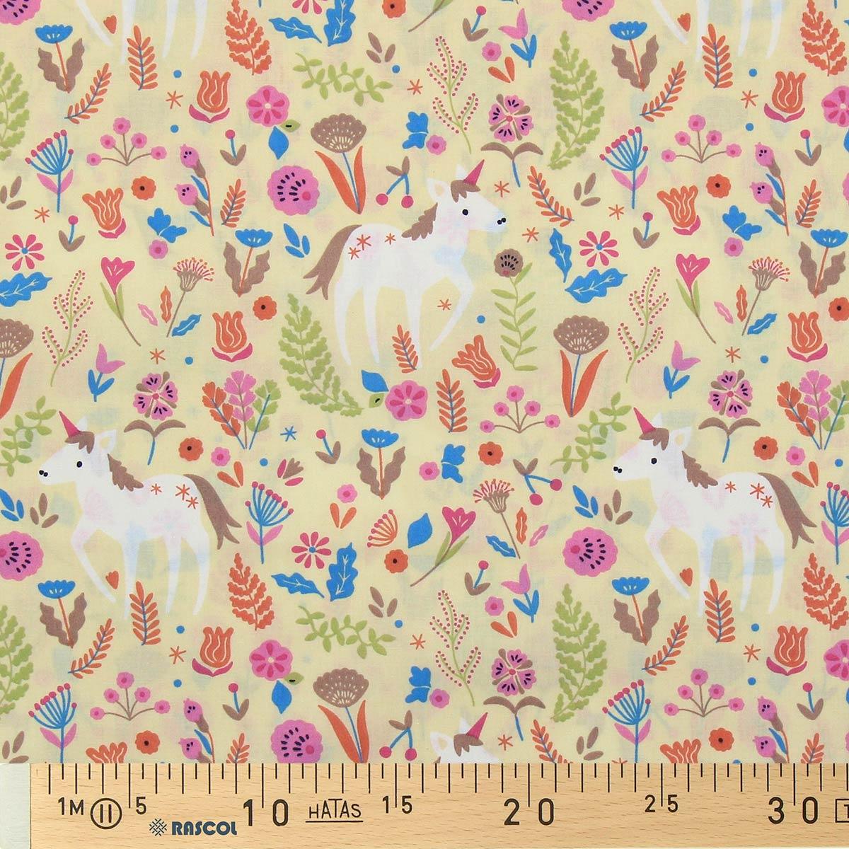 Cotton poplin fabric - yellow unicorn