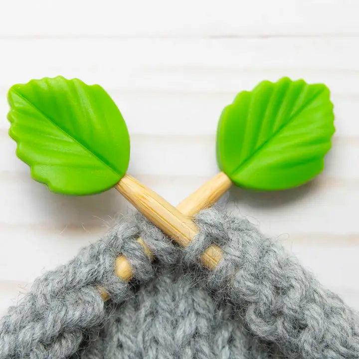 Candle stops for knitting needles - green leaf