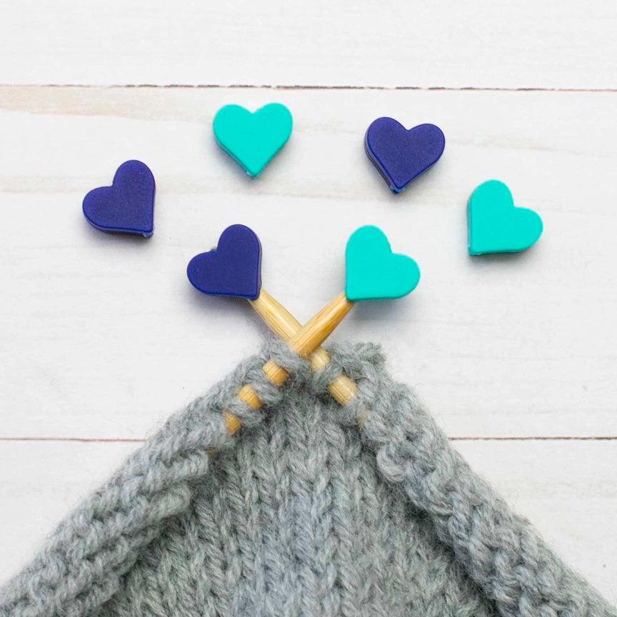 Candle stops for knitting needles - blue and green hearts