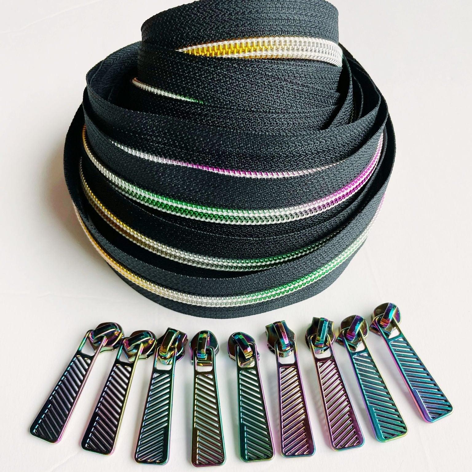 Fermeture nylon 5 mm 274 cm avec 9 tirettes assorties - Noire et arc en ciel