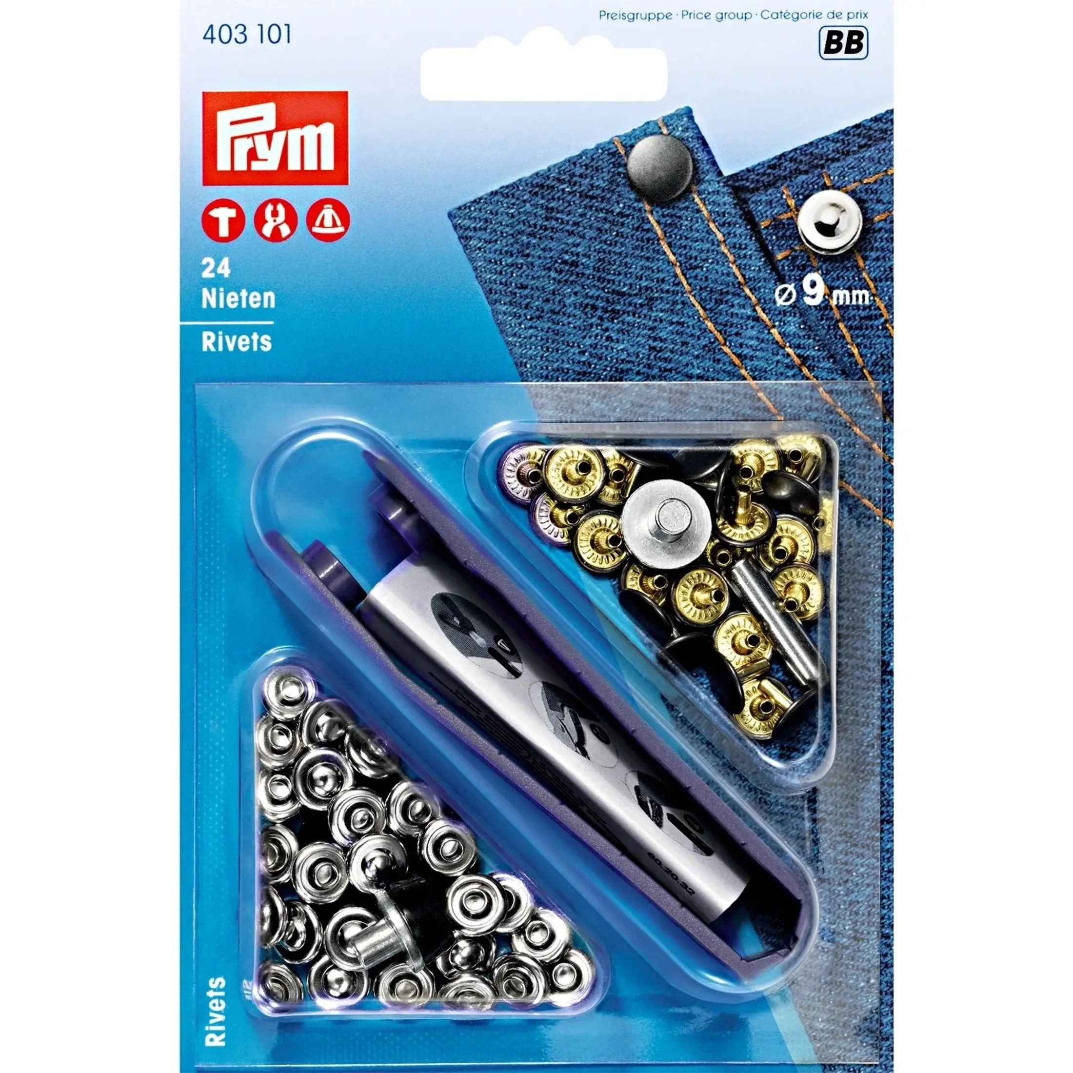 Boite de 24 rivets 9 mm avec outil - Argent et Noir