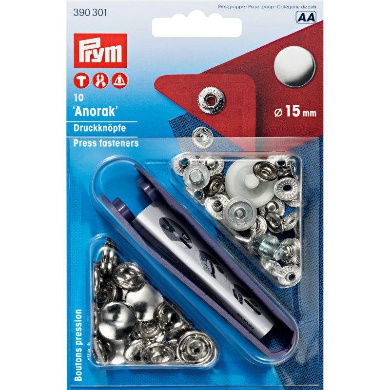 Boite de 10 boutons pression anorak Argent avec outil 15 mm