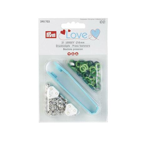 Boite de 21 boutons pression jersey assortiments de verts avec outil 8 mm